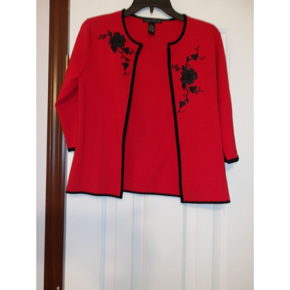 Sarah Spencer Red‎ Knit Cardigan with Black Floral Embroidery 3/4 Sleeve